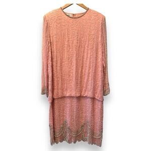 VINTAGE‎ Coral Sequin 100% Silk Dress Beaded Elegant Timeless Wedding  Sz XL